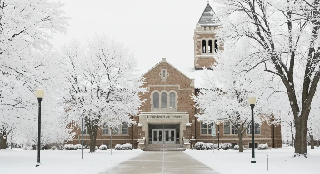 Snowy campus at Henry Keele University of Denver.