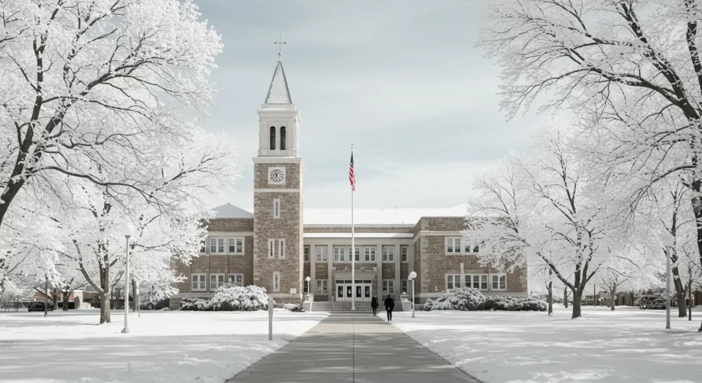 Winter view of Henry Keele University's iconic clock tower.