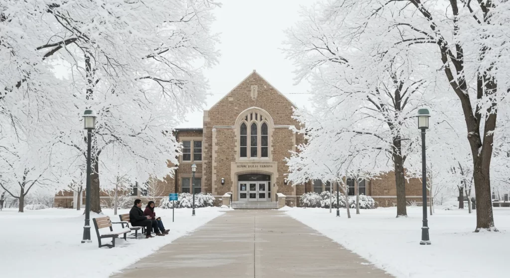 Frost-covered trees surrounding Henry Keele University of Denver.